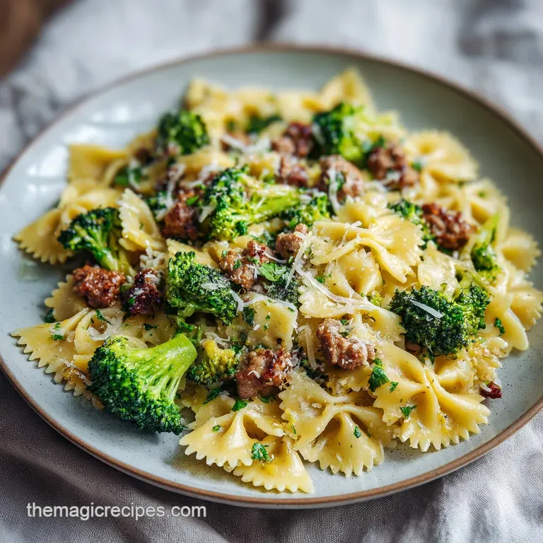 A beautifully arranged plate of farfalle pasta with savory sausage crumbles, bright broccoli, and a glistening sauce.