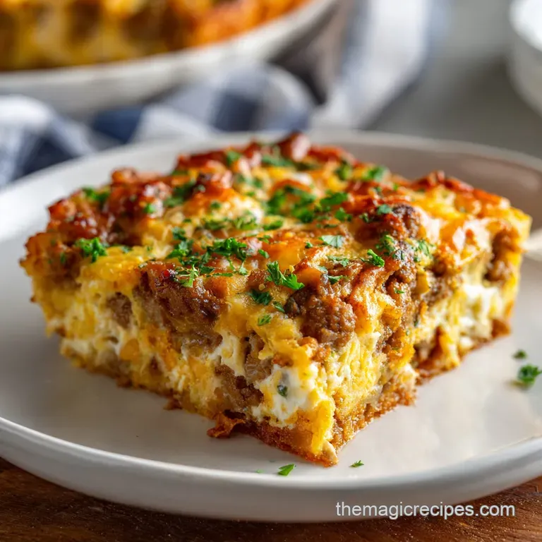 Slice of creamy, savory sausage and egg casserole plated with fresh parsley. Steam rises to showcase the dish's heat and t...