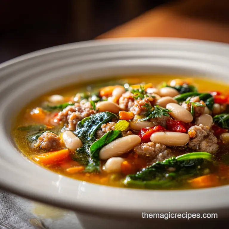 Creamy white bean soup swirled with olive oil, topped with crumbled sausage and fresh parsley. Served in a shallow white b...