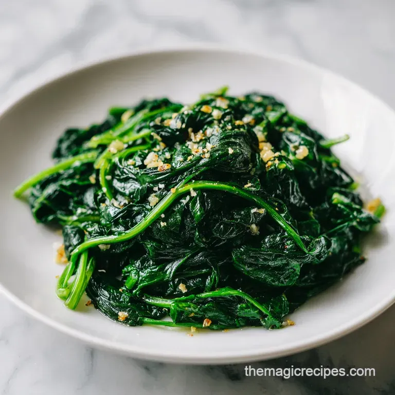 A neat mound of wilted dark green leaves garnished with toasted slivered almonds on a matte black stoneware plate.