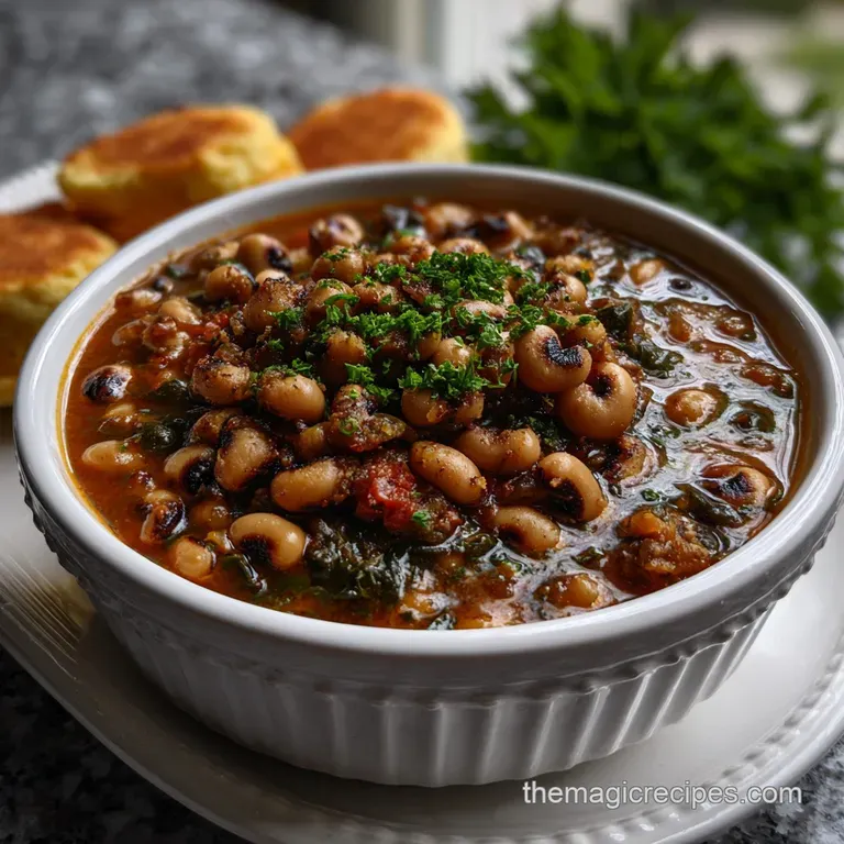 Elegant white bowl filled with smoky black-eyed peas, a sprig of parsley, and a drizzle of olive oil, contrasting against ...