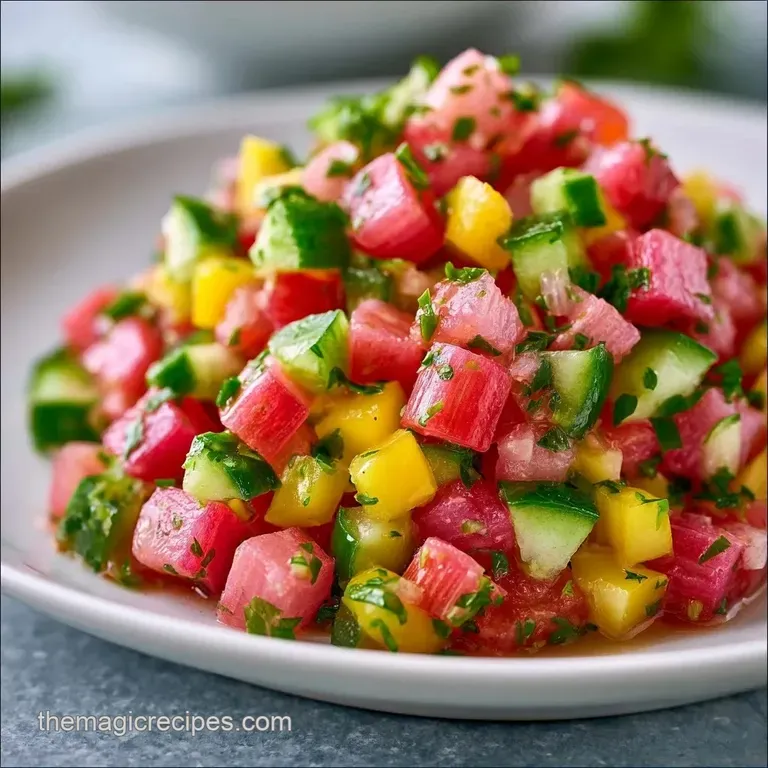 A bright bowl of pink diced fruit and green herbs beside crunchy corn tortilla chips on a white marble surface.