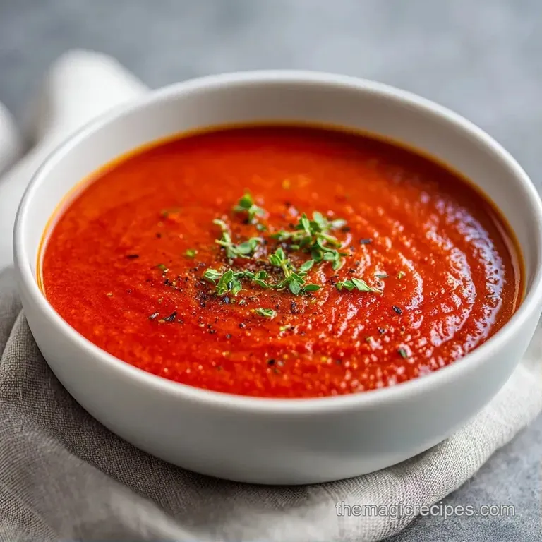 Vibrant orange soup in a white ceramic bowl, topped with a cream swirl and microgreens on a rustic wooden table.