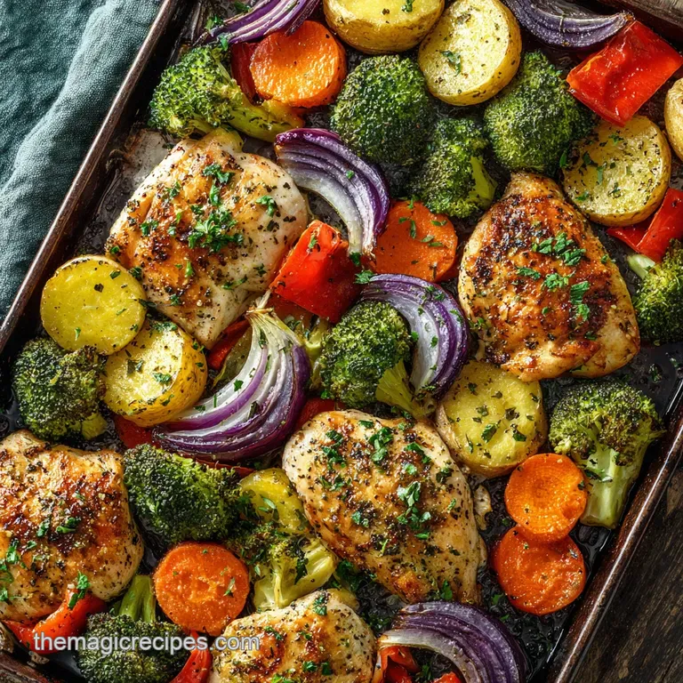 Plated chicken and vegetables with glistening glaze. Charred edges add visual interest; fresh herbs scattered on top.