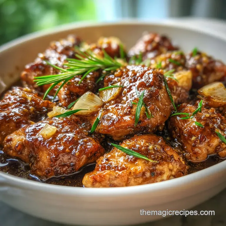 Glistening caramelized chicken arranged on a white platter with fresh parsley, a simple yet elegant presentation for sharing.