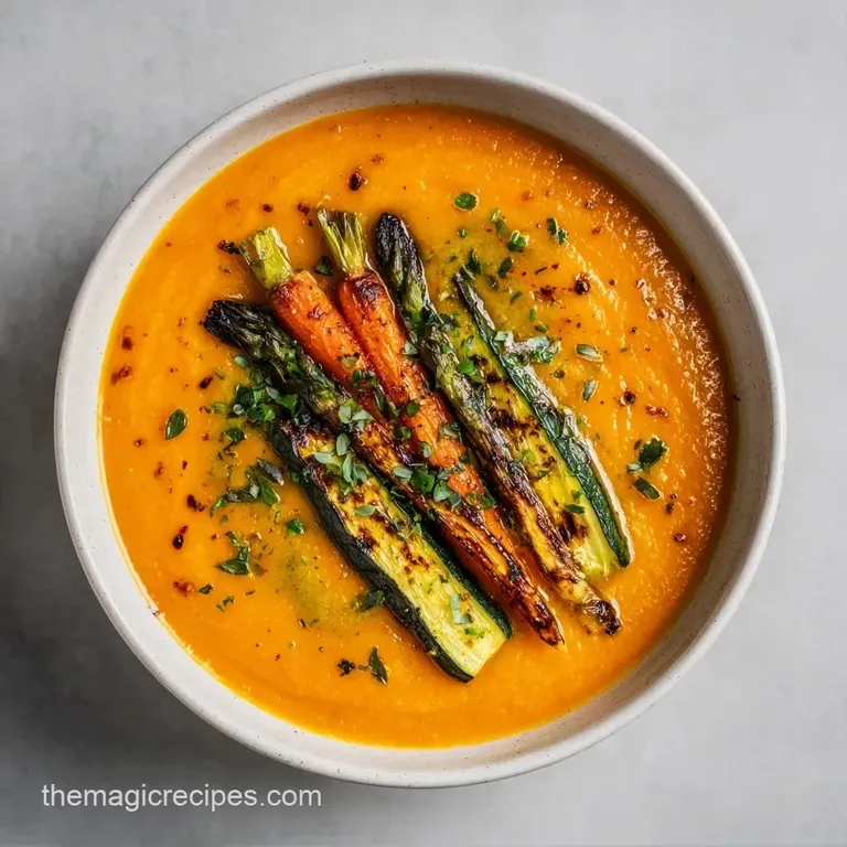 Rustic ceramic bowl filled with colorful roasted root vegetables and clear broth, topped with fresh green parsley.