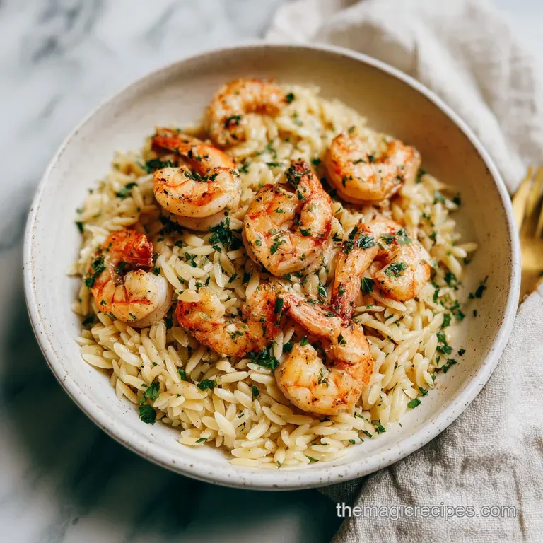Elegant plate of shrimp scampi orzo with fresh spinach, lemon wedges, and cracked pepper, inviting and delicious.