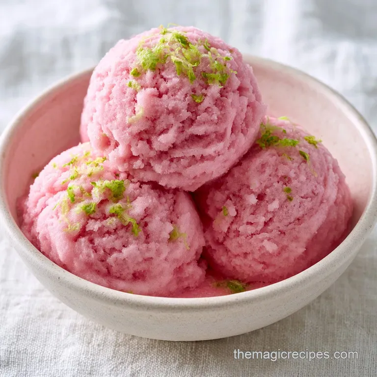 Pale pink frozen scoops elegantly arranged on a white ceramic plate with delicate rhubarb curls and mint leaves.