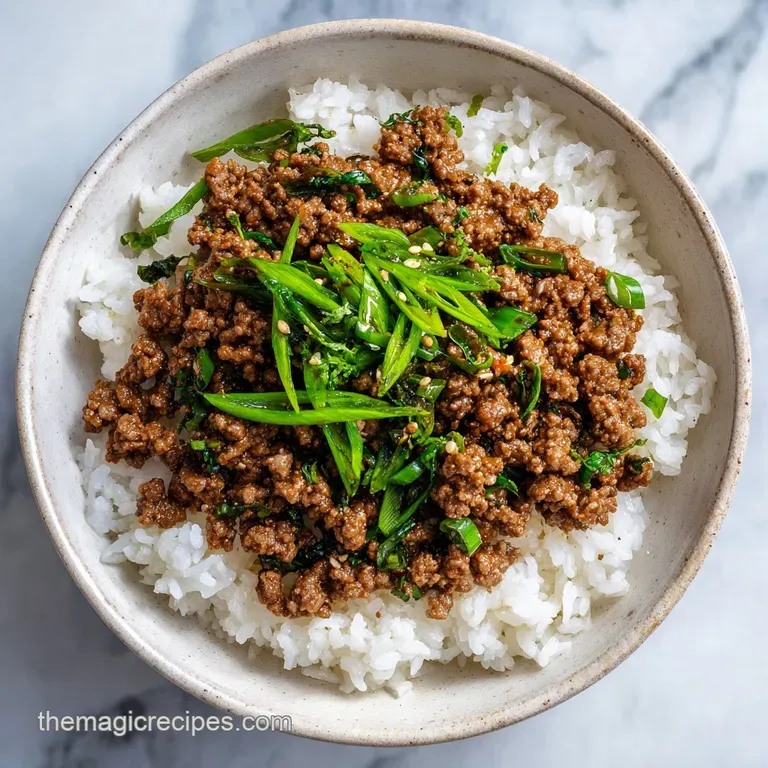 A spoonful of glistening, savory ground beef, artfully plated, showing the rich colors and textures of the dish.