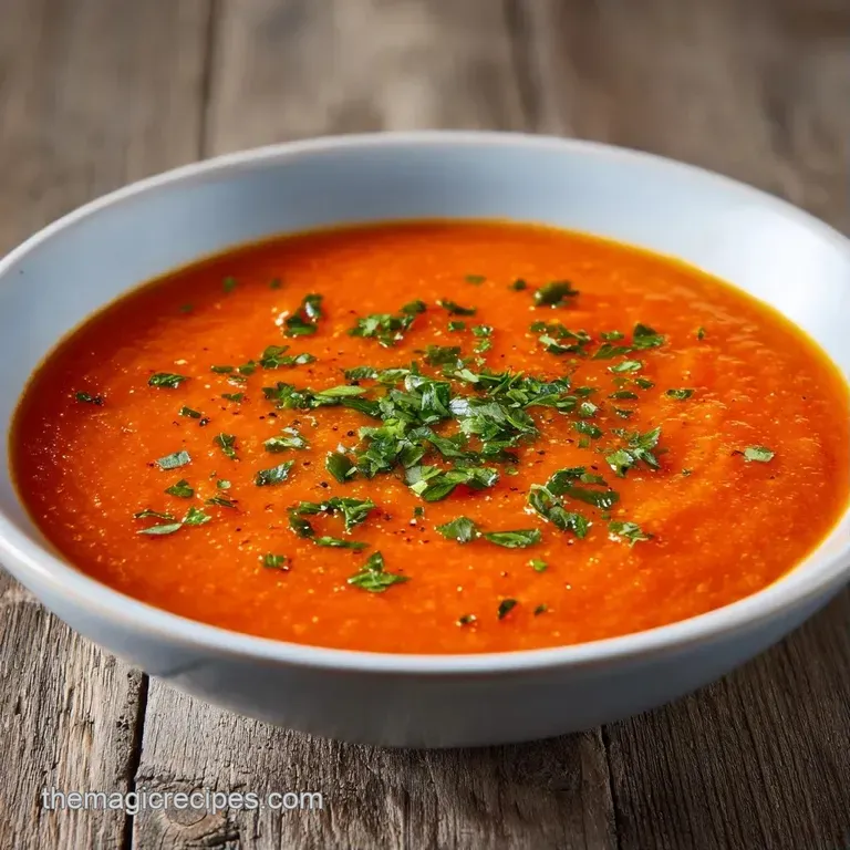 A ceramic white bowl of hearty vegetable soup topped with a swirl of cream and a sprig of fresh green parsley.