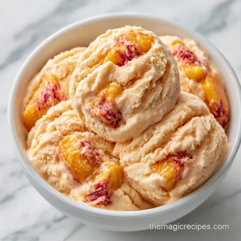 Pastel orange frozen scoops on a minimalist white plate, accented by sliced fruit and a drizzle of honey.