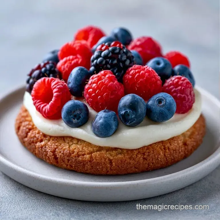 Slices of fruit-topped dessert arranged on a white ceramic platter, showcasing a rainbow of fresh, sliced summer fruits.