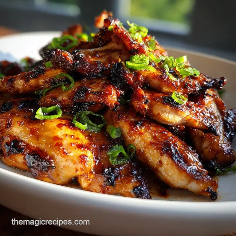 Glossy adobo-glazed chicken breast, artfully plated with vibrant green garnish. Notice the subtle smoky char and moist tex...