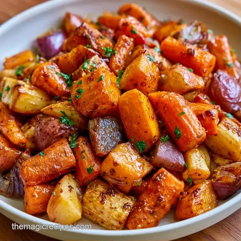 Vibrant orange and cream-colored root vegetables artfully stacked on a ceramic plate with a drizzle of herb oil.
