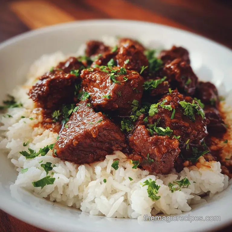 Close-up of tender beef tips glistening with gravy, artfully arranged on rice with fresh parsley garnish on a white plate.