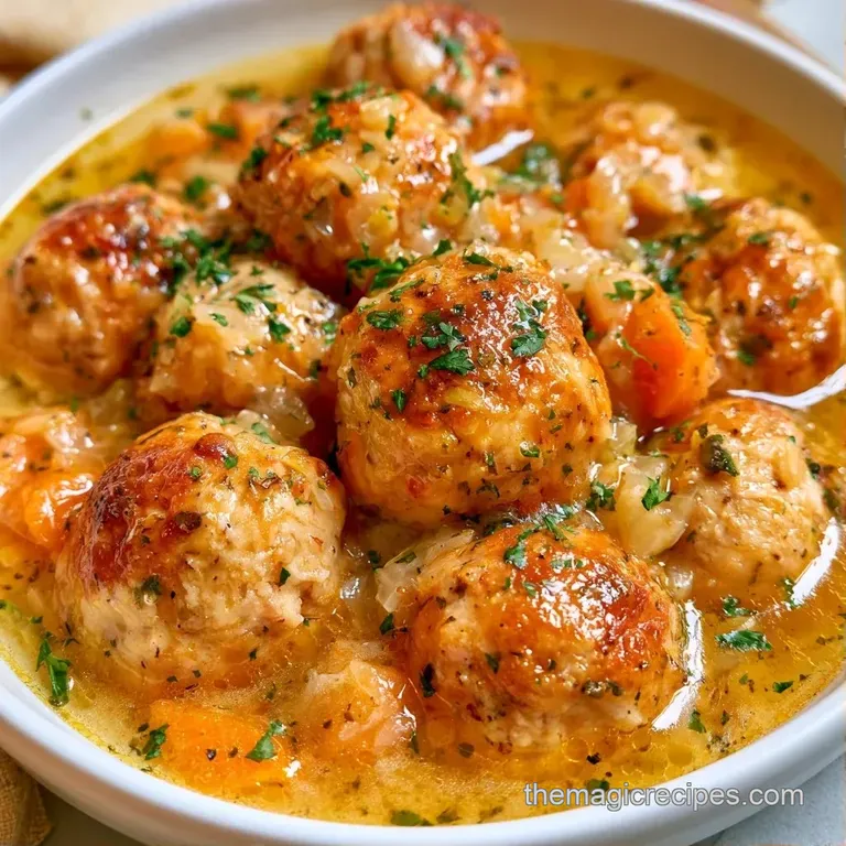 Elegant white bowl of clear gold broth featuring tender meatballs and vibrant vegetables, topped with fresh herbs.
