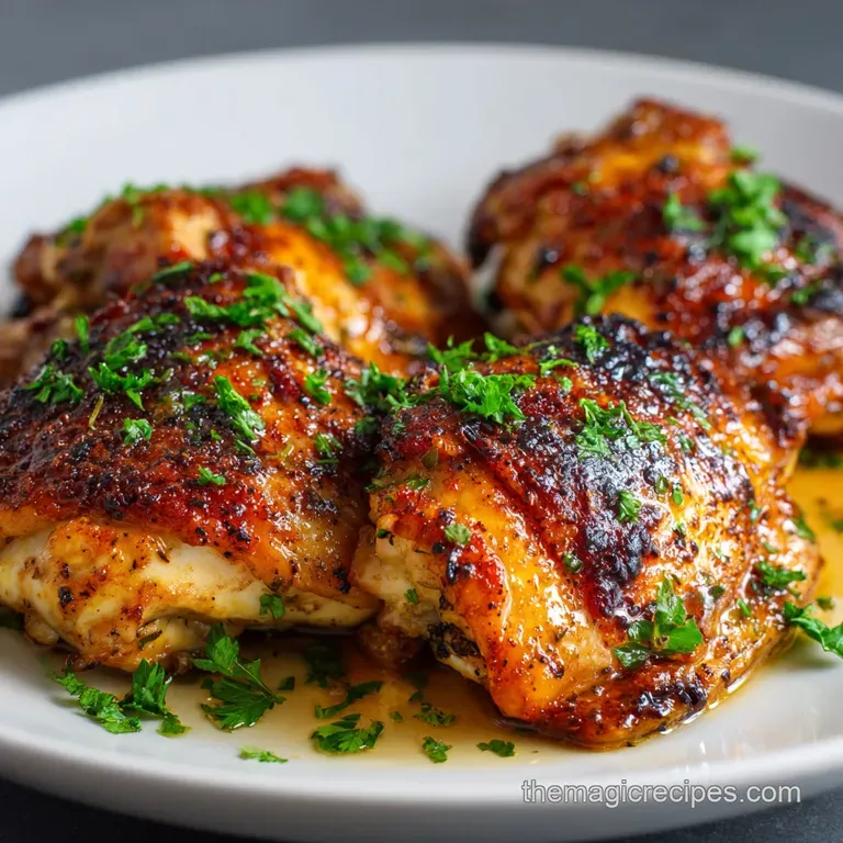 Juicy chicken thigh glistening with a flavorful sauce, elegantly plated with creamy mashed potatoes and vibrant green beans.