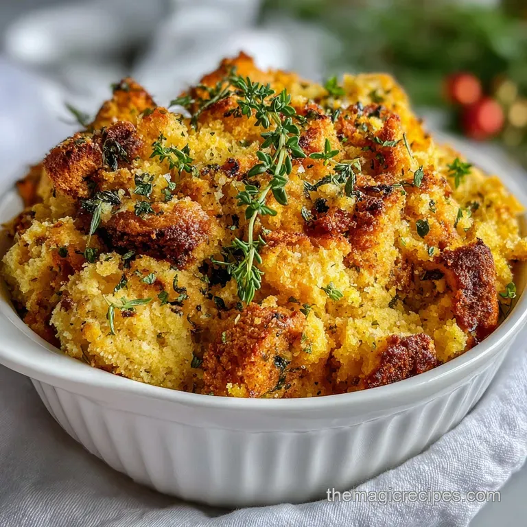Creamy cornbread dressing in a rustic bowl, garnished with fresh sage. A warm, inviting holiday dish ready to serve.