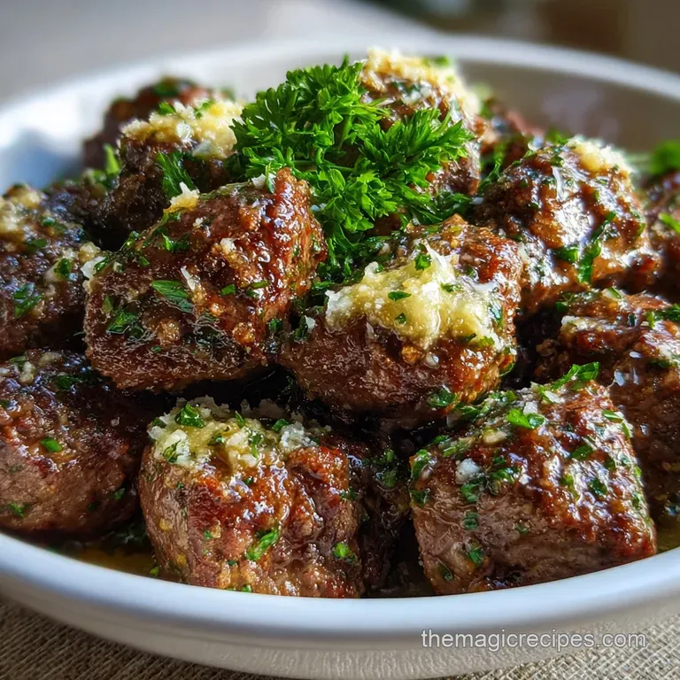 Perfectly portioned beef bites artfully arranged on a white plate, showcasing the glistening sauce alongside fluffy mashed...