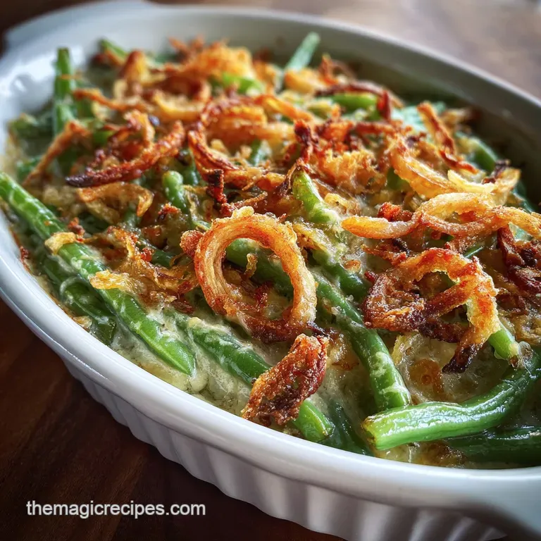Individual serving of vibrant green bean casserole. Topped with crispy onions, and bacon crumbles on a rustic wooden plate.