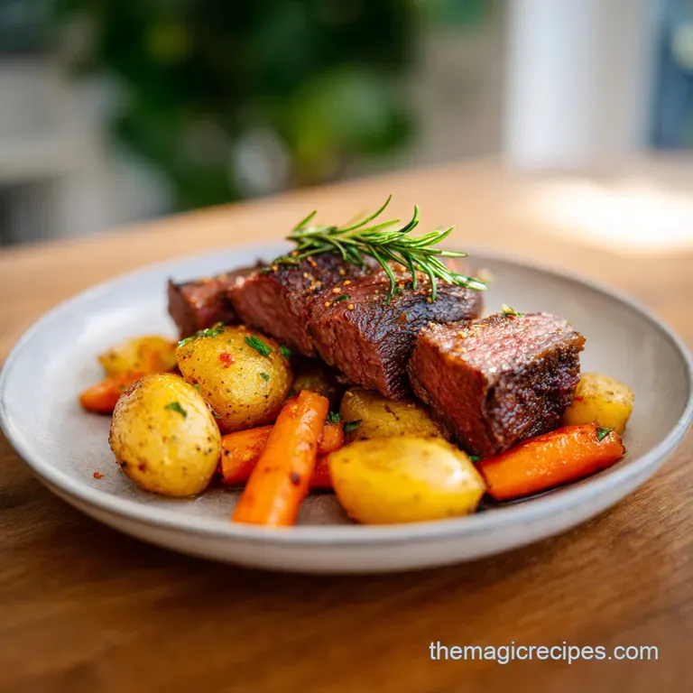 Slices of juicy, browned beef served alongside glazed carrots and buttery potatoes on a white ceramic platter.