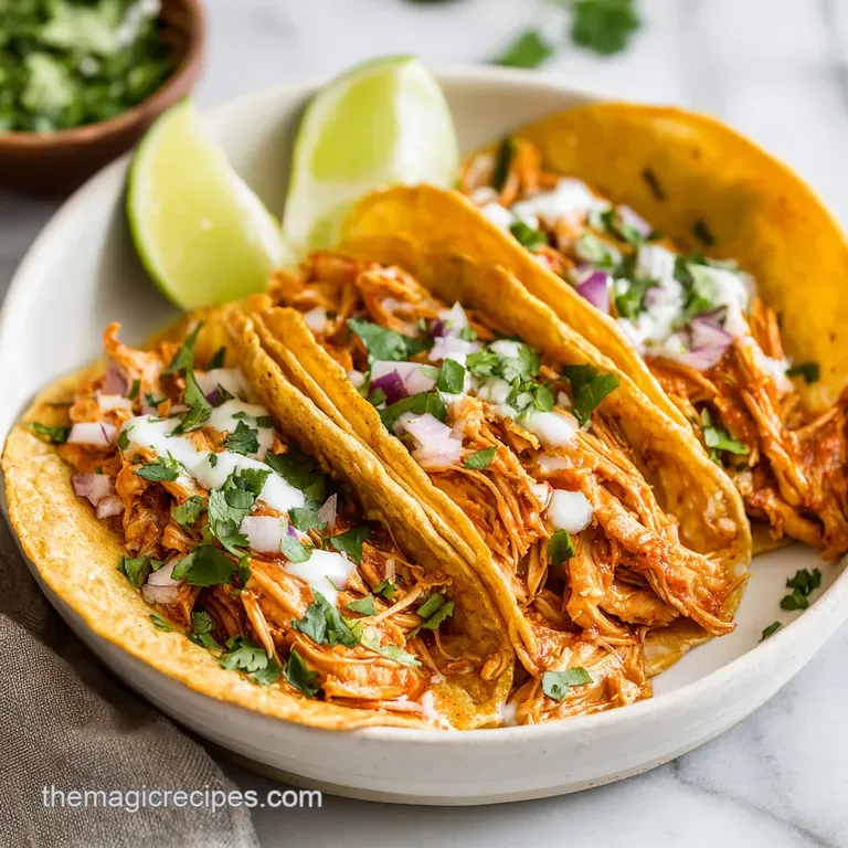 A colorful taco overflowing with tender shredded chicken, topped with creamy avocado and a lime wedge.