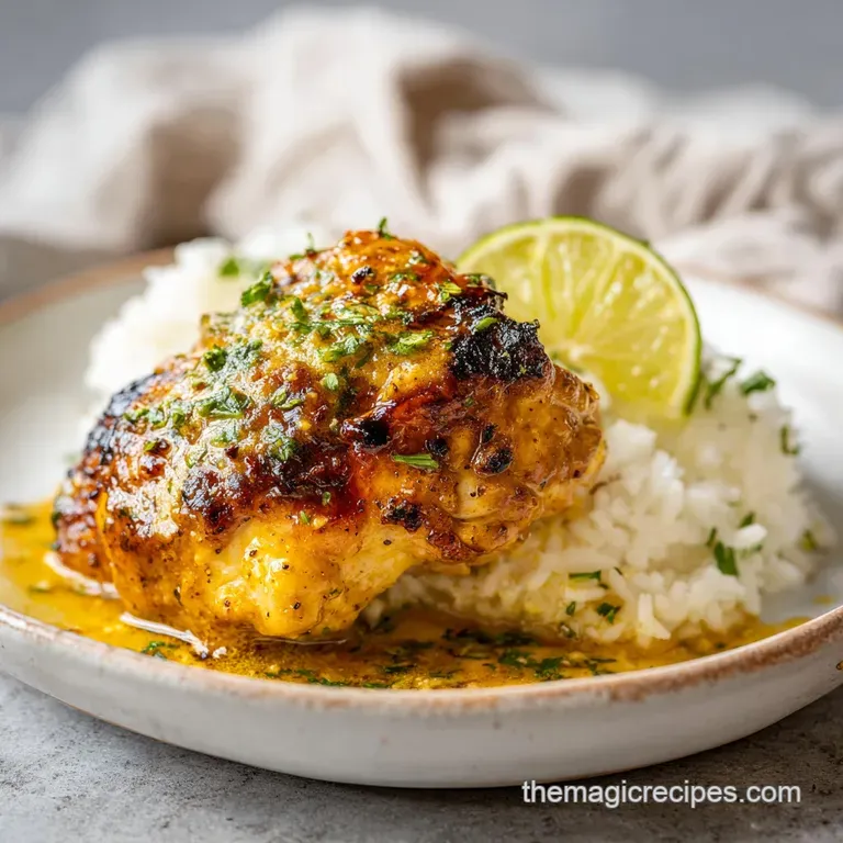 Plated chicken and potatoes glistening with creamy sauce, herbs as garnish, rustic serving bowl.