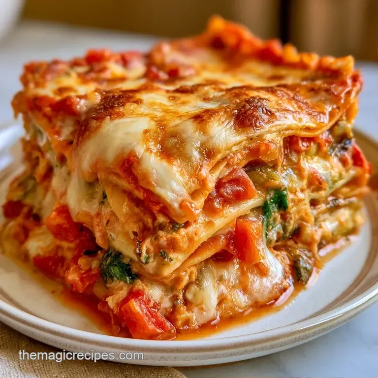 Neat square of layered pasta and vegetables on a white ceramic plate, topped with a fresh, bright green basil leaf.
