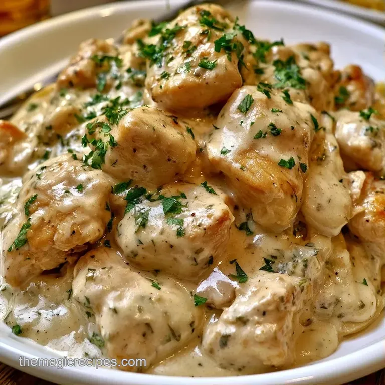 A wide white bowl filled with creamy pasta and chicken, topped with fresh green parsley and cracked black pepper.