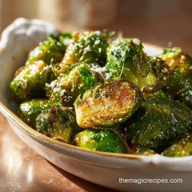 Tender, slightly charred Brussels sprouts artfully arranged on a rustic wooden board with a drizzle of balsamic glaze.