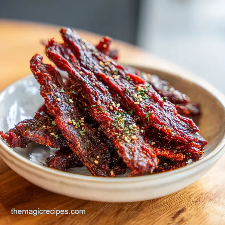 Thinly sliced, dark mahogany jerky pieces artfully fanned on a dark slate, sprinkled with coarse salt.