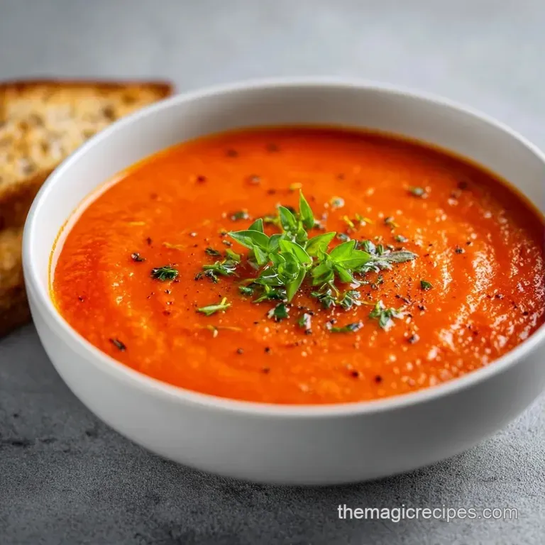 Elegant white bowl of creamy orange soup topped with a swirl of cream and microgreens on a rustic wooden table.