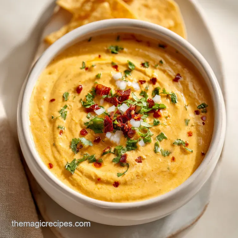 A creamy, molten queso dip artfully drizzled with bright green cilantro in a small ceramic bowl.