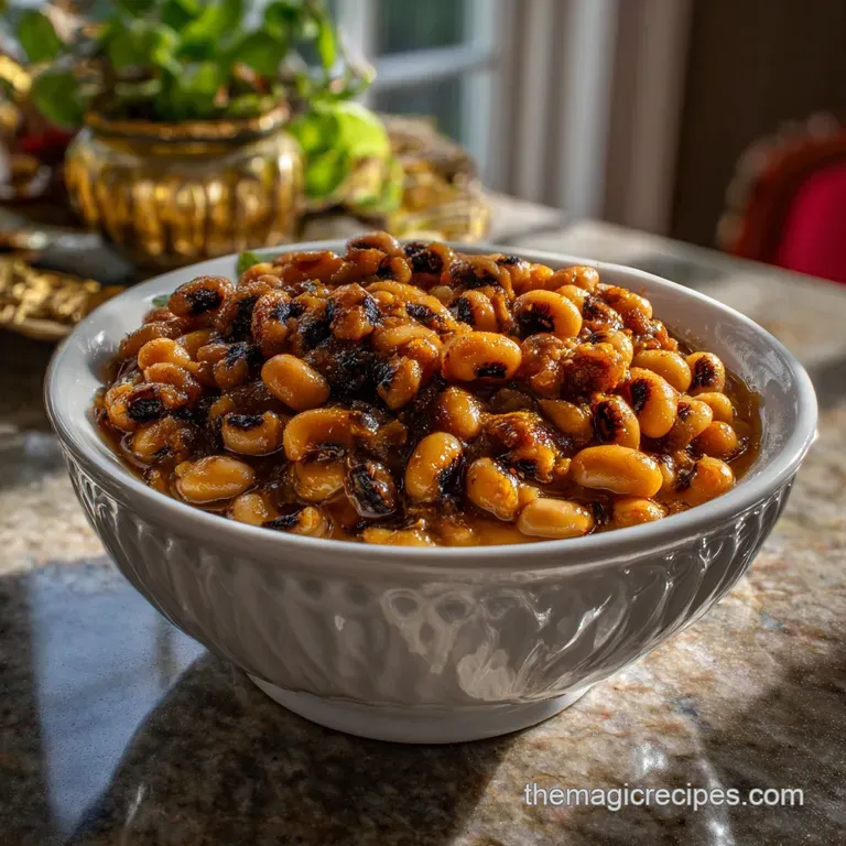 Elegant white bowl showcasing a generous portion of velvety black-eyed peas. Garnished with a sprig of fresh green herbs, ...
