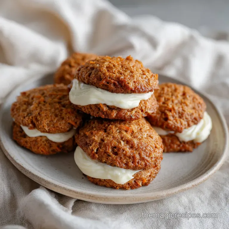 A delicate stack of spiced carrot cookies, each topped with a dollop of luscious cream cheese frosting and a sprinkle of c...