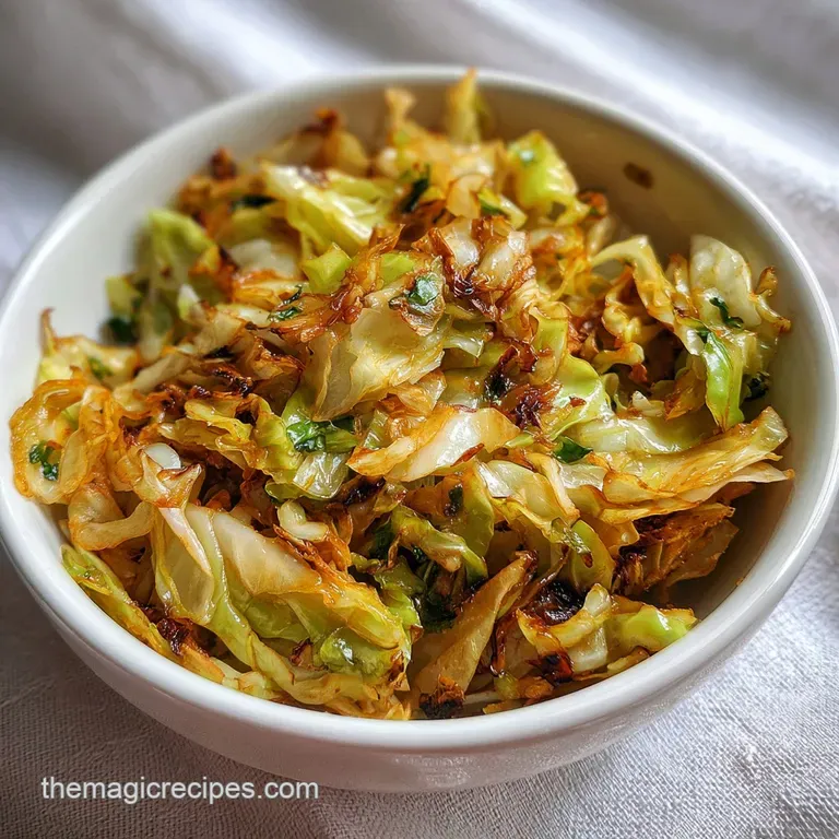 Plated, tender fried cabbage with crispy bacon. Steaming, golden, and caramelized. A comforting and savory dish.