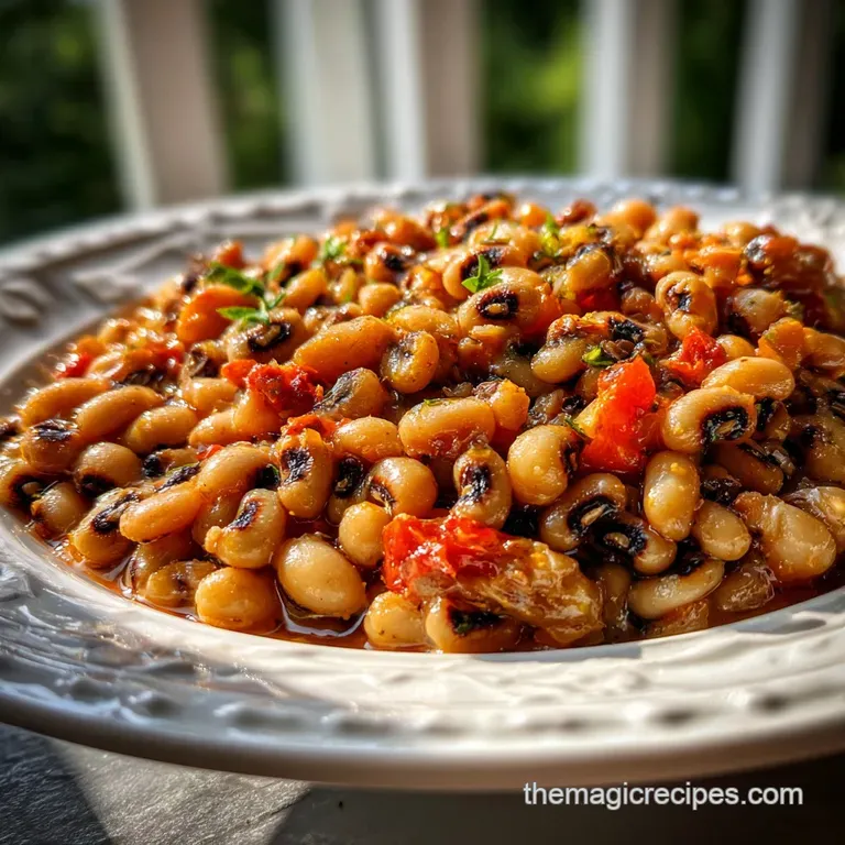 A spoonful of steaming black-eyed peas in a rustic bowl, accented by vibrant green parsley. Smoky aroma hinted by the glis...