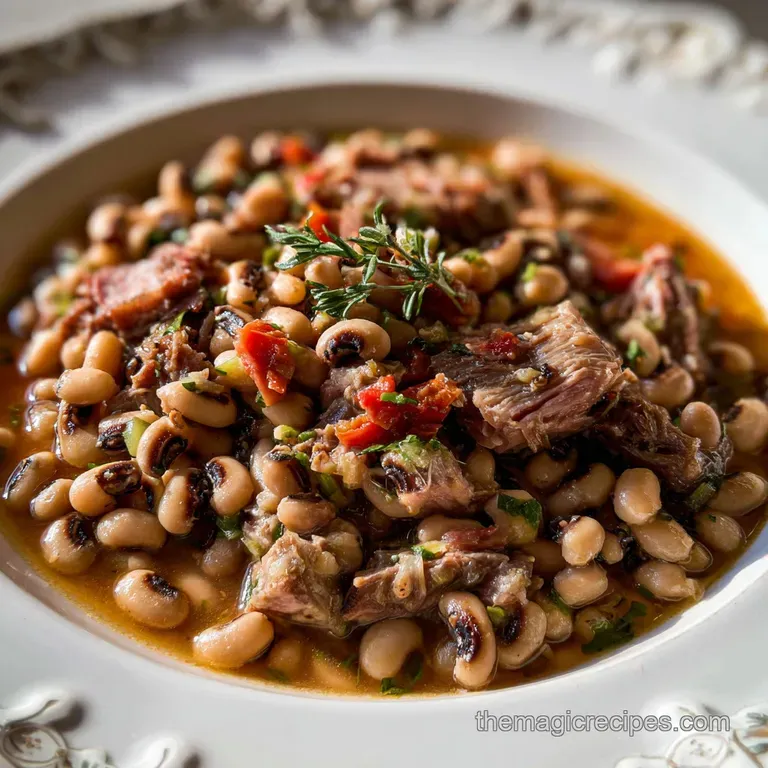 A rustic bowl filled with glistening black-eyed peas & smoky ham, garnished with vibrant greens. A comforting, hearty Sout...