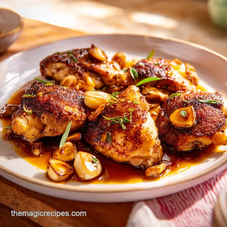 Two seared chicken breasts resting in a glossy cream sauce, garnished with herbs on a minimalist ceramic platter.
