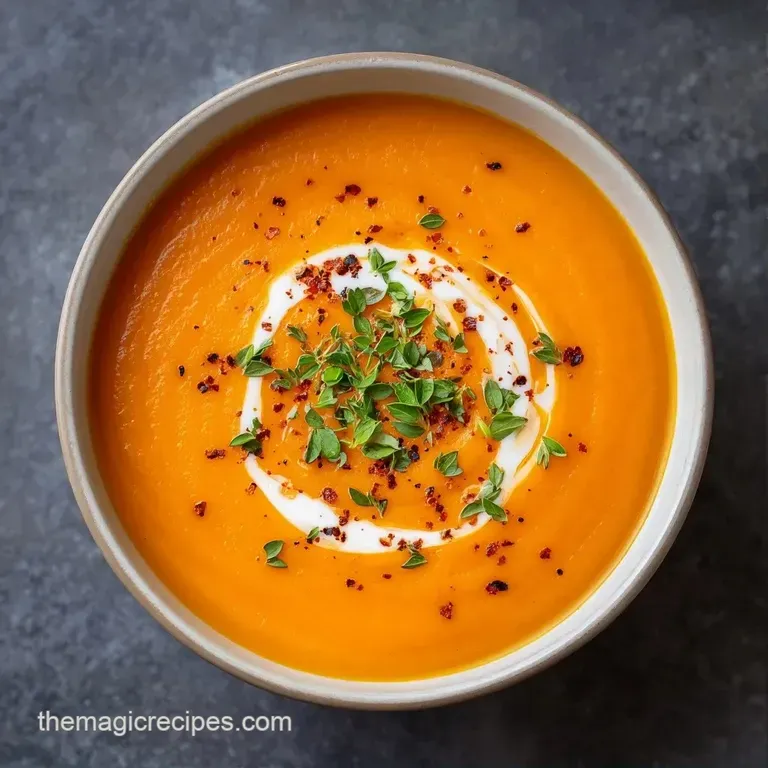 Elegant white bowl filled with smooth orange puree, topped with a swirl of cream and a delicate herb sprig.