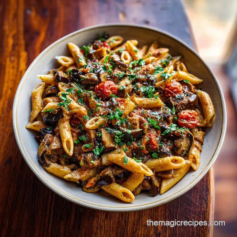 Steaming twirls of pasta coated in a rich eggplant sauce, elegantly plated and sprinkled with bright green herbs for a fre...