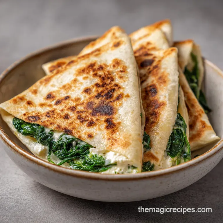 Spinach feta quesadilla halves stacked, revealing the cheesy filling. A dollop of cool sour cream adds a refreshing contrast.