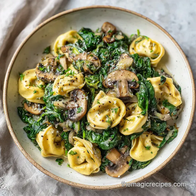 Perfectly plated tortellini with bright spinach and sliced mushrooms, drizzled with a rich, creamy sauce. Fresh herbs garn...