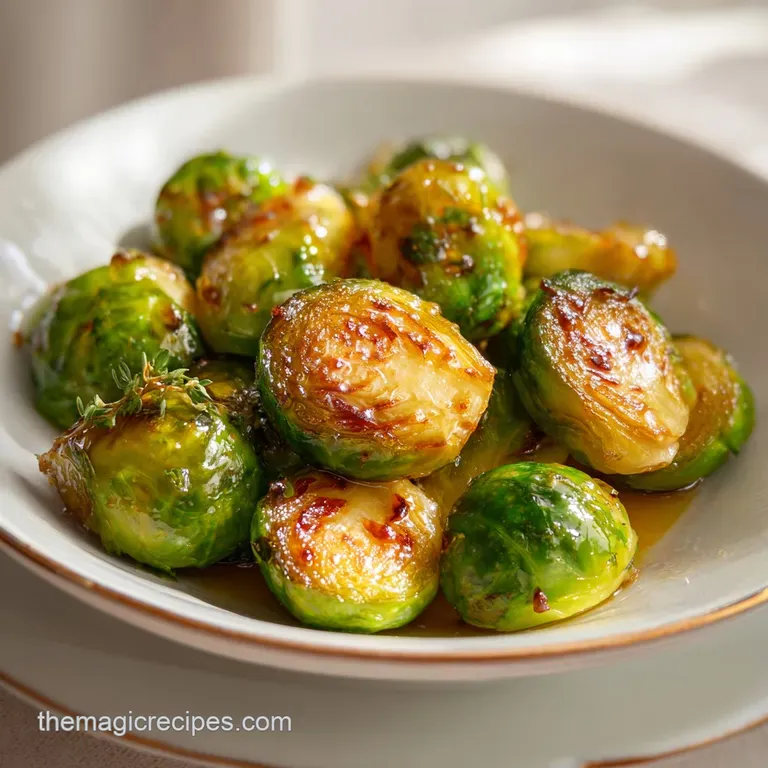 Neatly stacked charred brussels sprouts on a white ceramic plate with a glossy amber glaze and flaky sea salt.