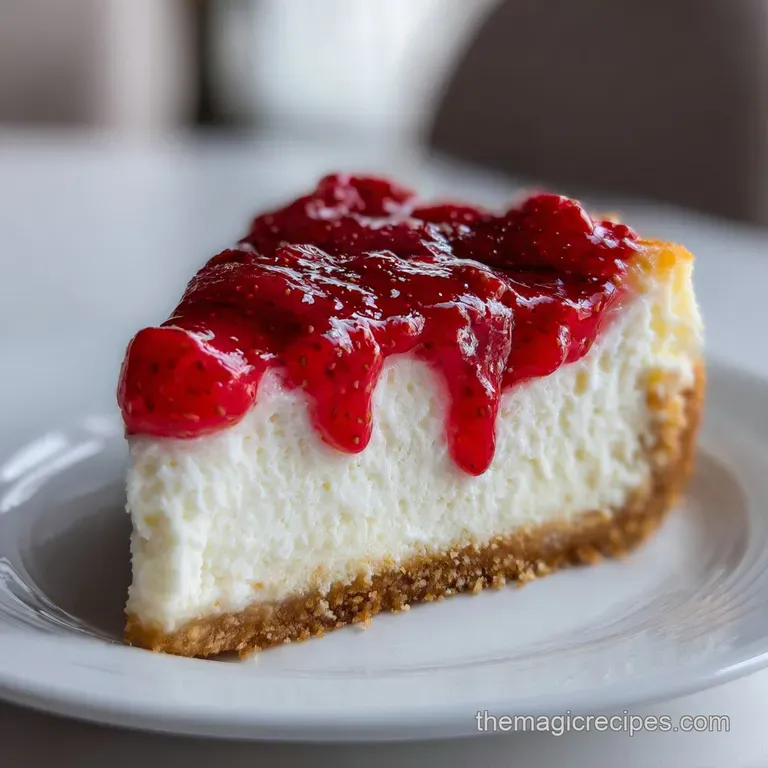A neat slice of creamy cake topped with glossy red berries and a mint leaf on a clean white ceramic plate.