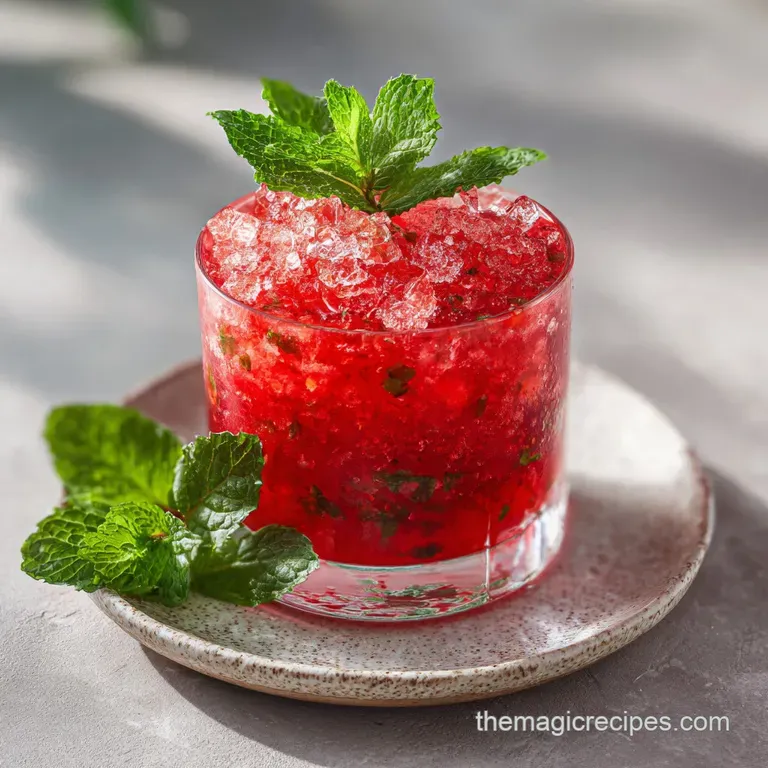 Sparkling red drink in a copper mug resting on a white marble slab with fresh mint and sliced berries nearby.