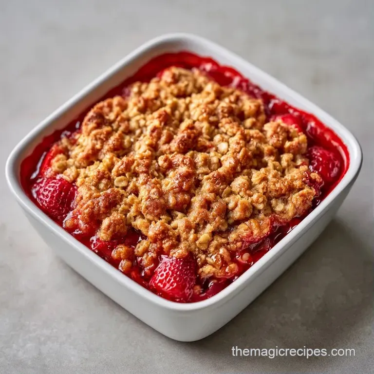A scoop of melting white vanilla ice cream atop a warm fruit crumble, garnished with a sprig of fresh green mint.