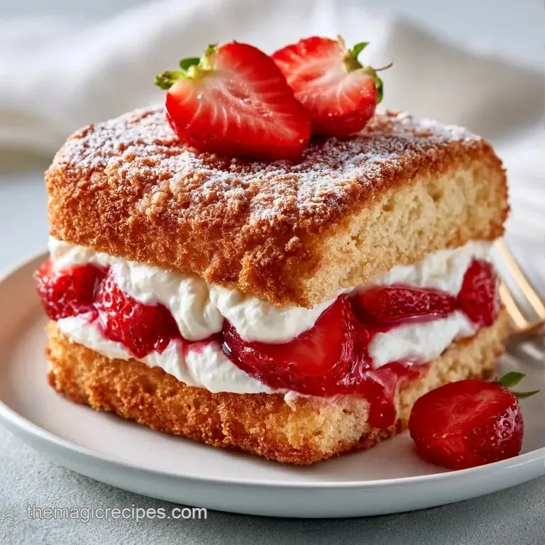 A delicate slice of buttery cake topped with a swirl of whipped cream and fresh strawberries on a white plate.