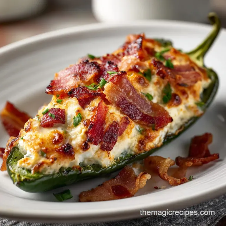 Three vibrant green jalape&ntilde;o poppers nestled on a white plate. Swirls of creamy filling and crumbled bacon add tempting te...