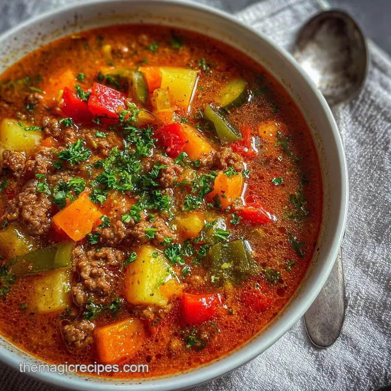 A vibrant bowl of stuffed pepper soup, garnished with fresh parsley, sits beside crusty bread on a rustic table.